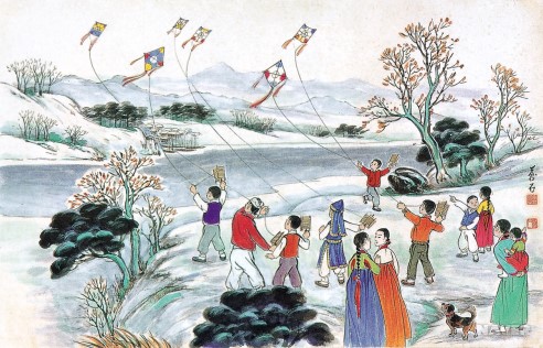 ハングルの詩のある風景: 素月と凧揚げ